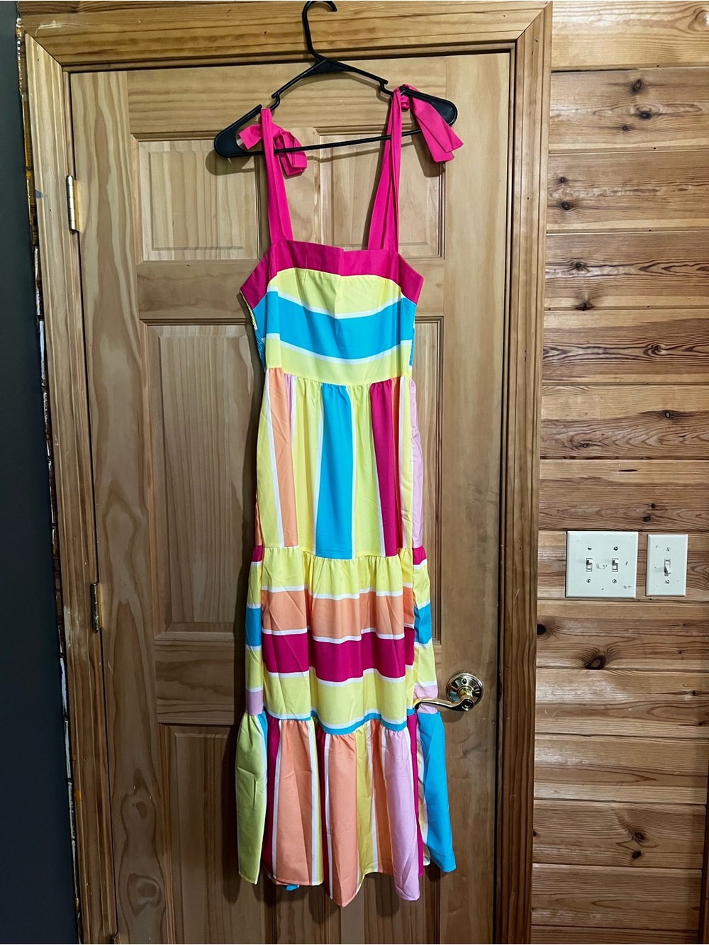 SHEIN Multicolor Stripe Tie-Shoulder Maxi Dress in Pink, Yellow & Blue